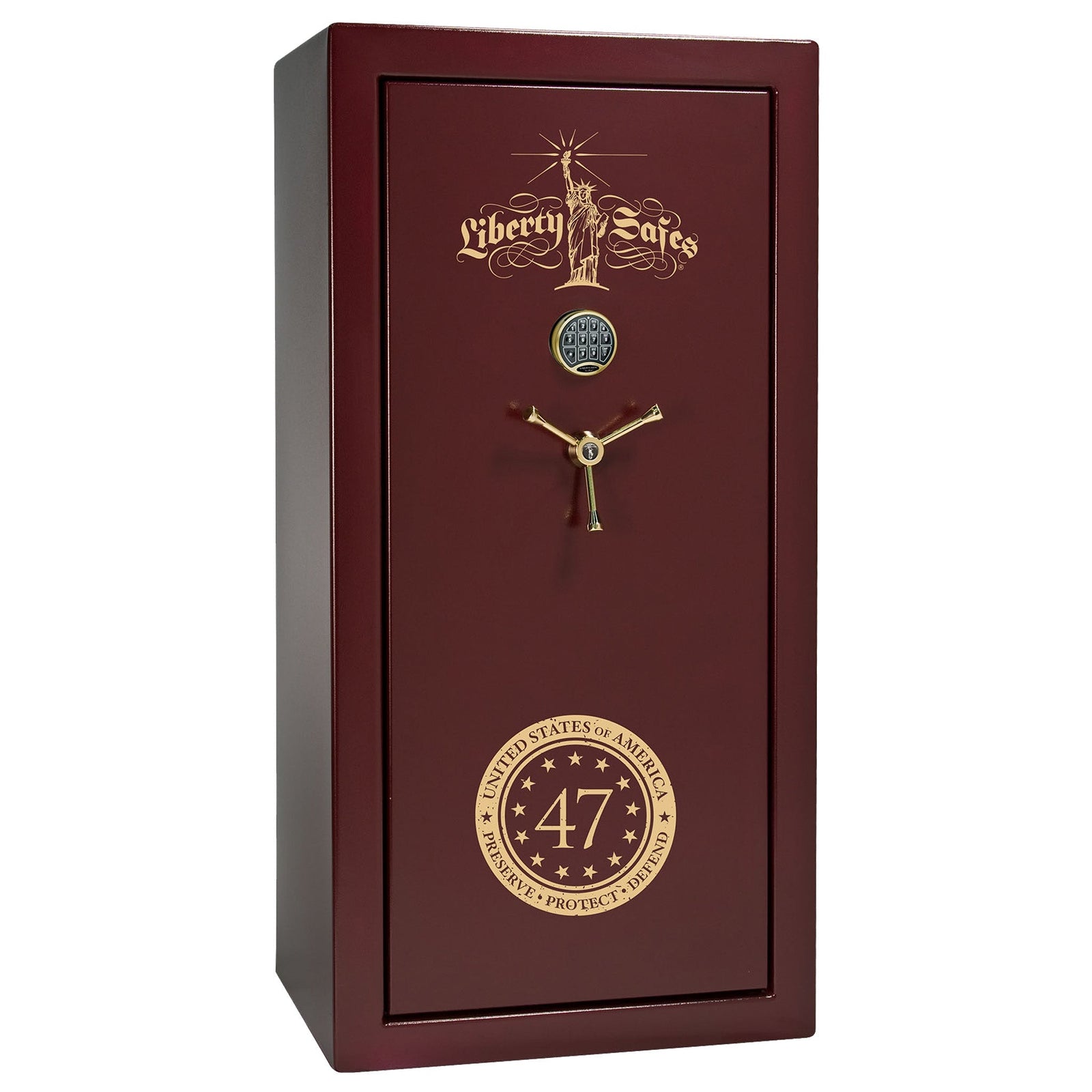 Liberty 47 Limited Edition Safe - USA 30 | Level 3 Security | 60 Minute Fire Rating | Dimensions: 60.5"(H) x 30"(W) x 22"(D) | Burgundy Marble with Gold Commemorative Logo | Electronic Lock – Closed Door